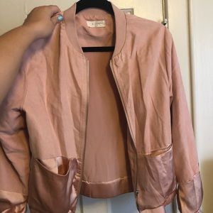 Pink suede and silk blocked bomber jacket